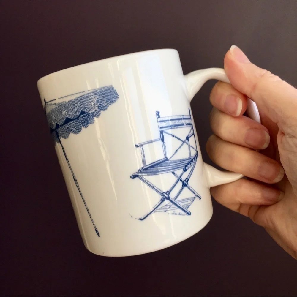 Set/2 Coastal Beach Chair Scene Coffee Mugs, White, Blue, 11 oz